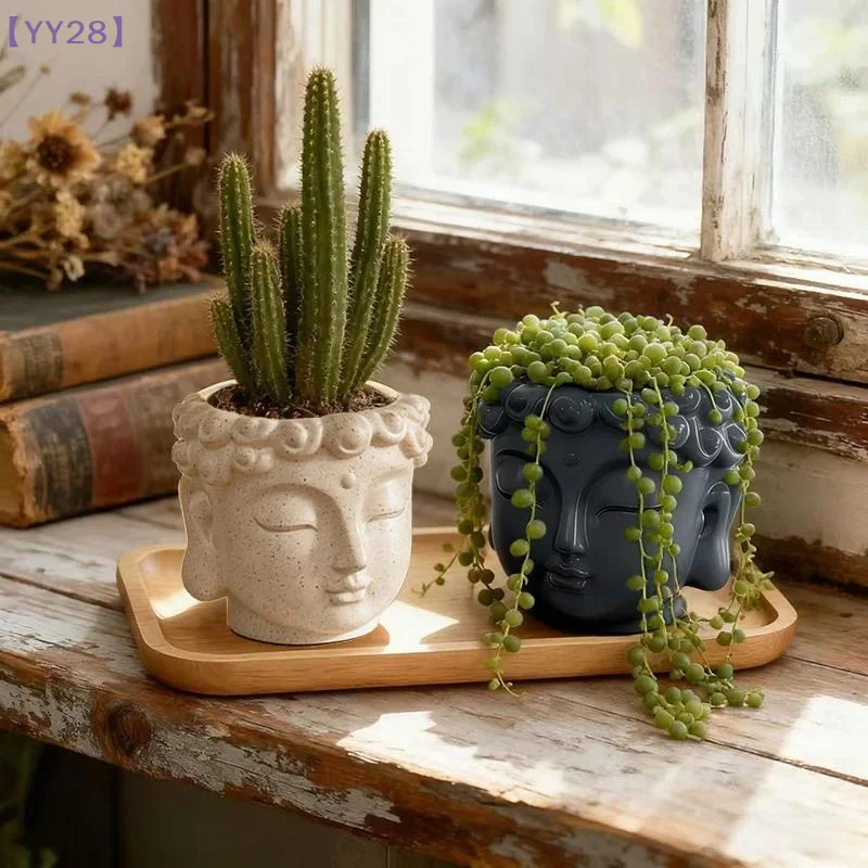 【YY28】Zen Monk Face Plant Pot Meditation Buddha Head Statue Flowerpot Potted Plants Container Home Garden Decor Resin Ornament