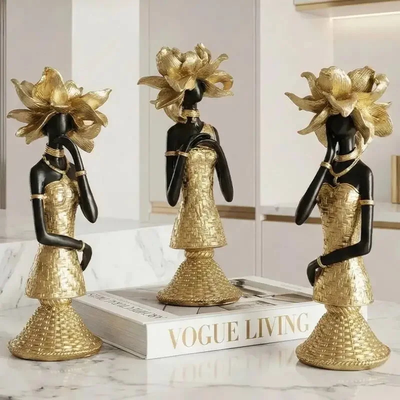 Resin Handicrafts Simulation Figure Sculpture African Elegant Goddess Black Statue Golden Flower Woman Home Decoration