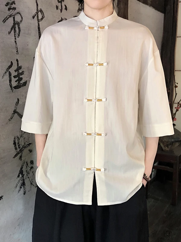 

New Chinese Sle Men's ort Sve irt Lightweight Breathable Summer Linen Tang Costume Hanfu Four Seasons Wear