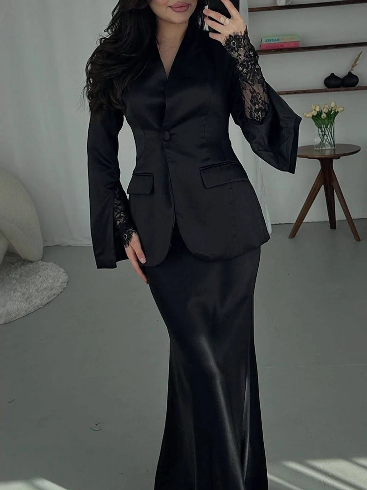 Elegant Lady Bodycon Skirts Two Piece Casual Satin Lace Spliced Skirts Sets Fashion Solid Color Long Sleeve Blazer&Skirts Suits view 6