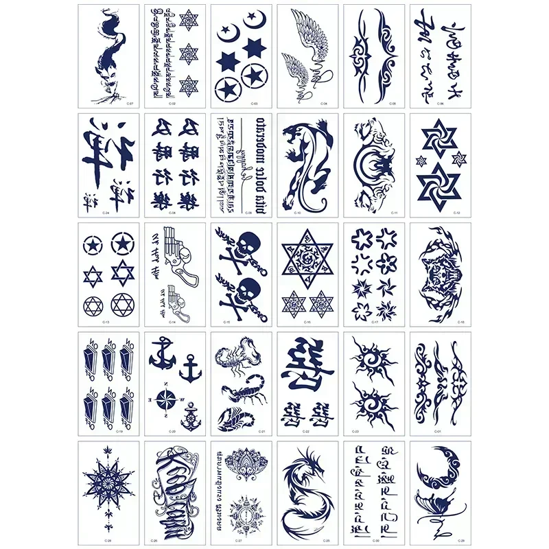 30pcs/set Long Lasting Semi Permanent Tattoo Sticker Totem Anchor Scorpion Chinese Stars Herbal Juice Temporary Tattoos for Men