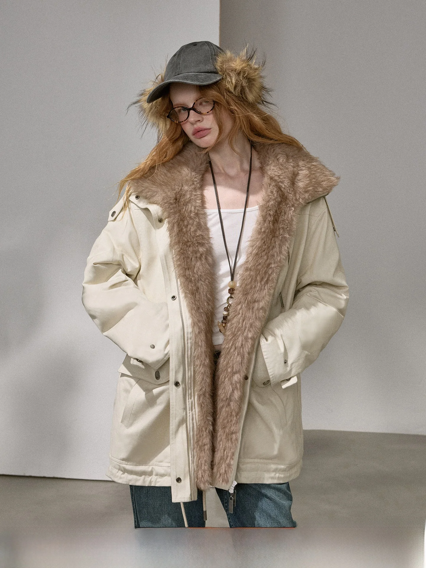 

DIDDI MODA Quilted Cotton Jacket with Fur Collar Mid-Length Thick Winter Coat Women's Fashion Casual Style K6718