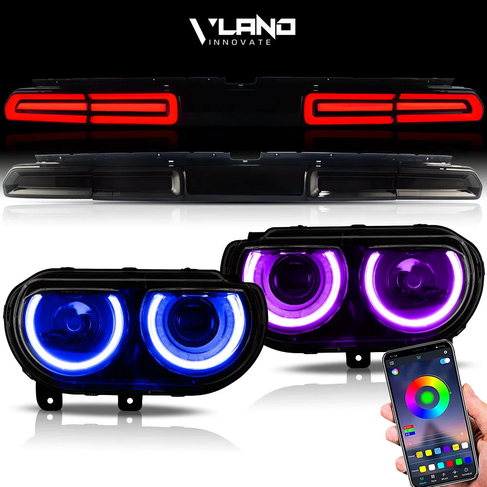 

1Pair Turn Signal For Dodge Challenger 2008-2014 RGB LED Headlights & Smoked LED Tail Lights