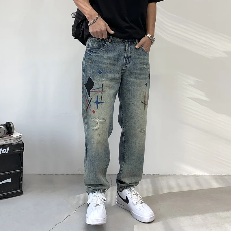 Straight Jeans Men's High Street Fashion Brand Vintage Print Loose Street Fashion Personality Teenagers Casual Versatile Trouser