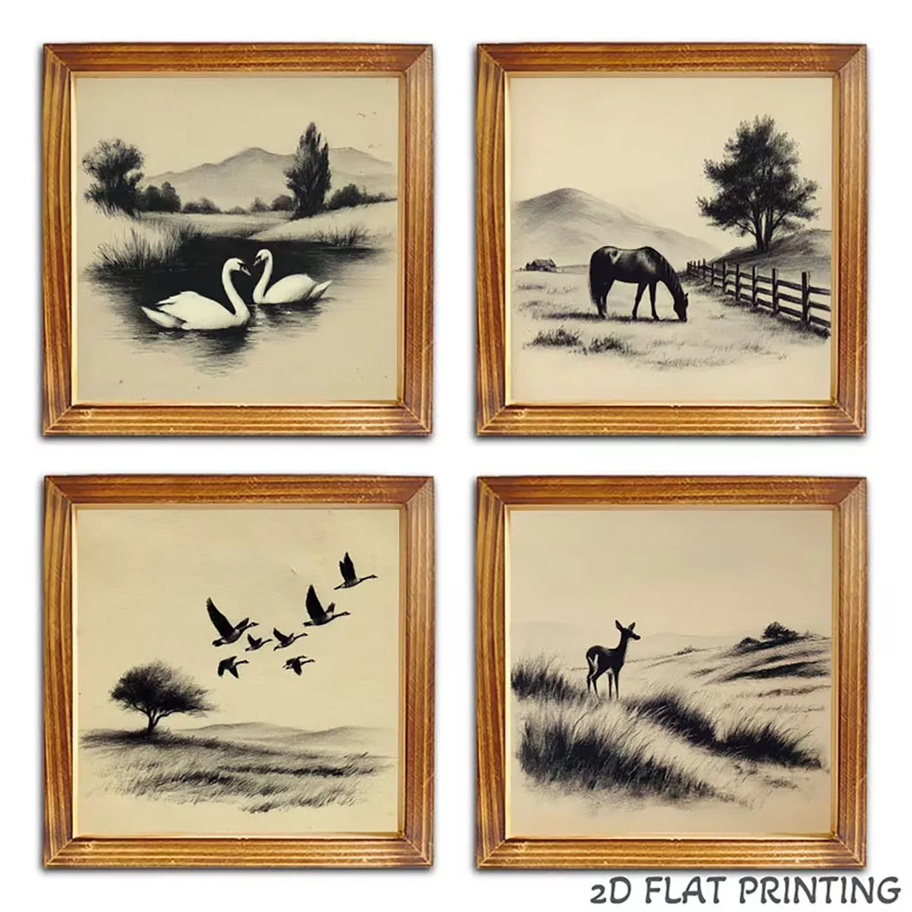 4 Pack Wooden Vintage Animal Sketch Wall Decor Swan Horse Deer Wild Goose Print Nano Tape Drill Free Farmhouse Wall Ornament