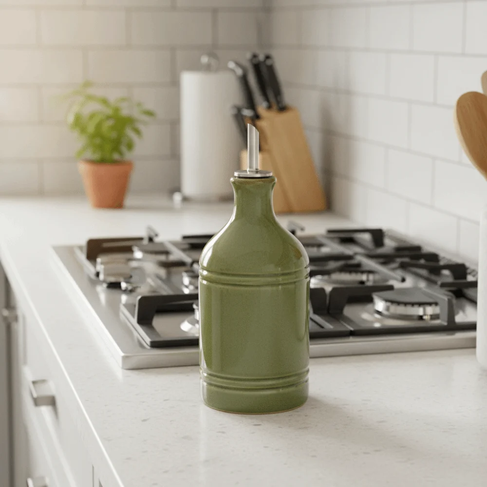 Ceramic Nordic Retro Olive Oil Bottle Metal Pointed Spout Light-blocking Bottle Body Vinegar Bottle Kiln-colored Large Capacity