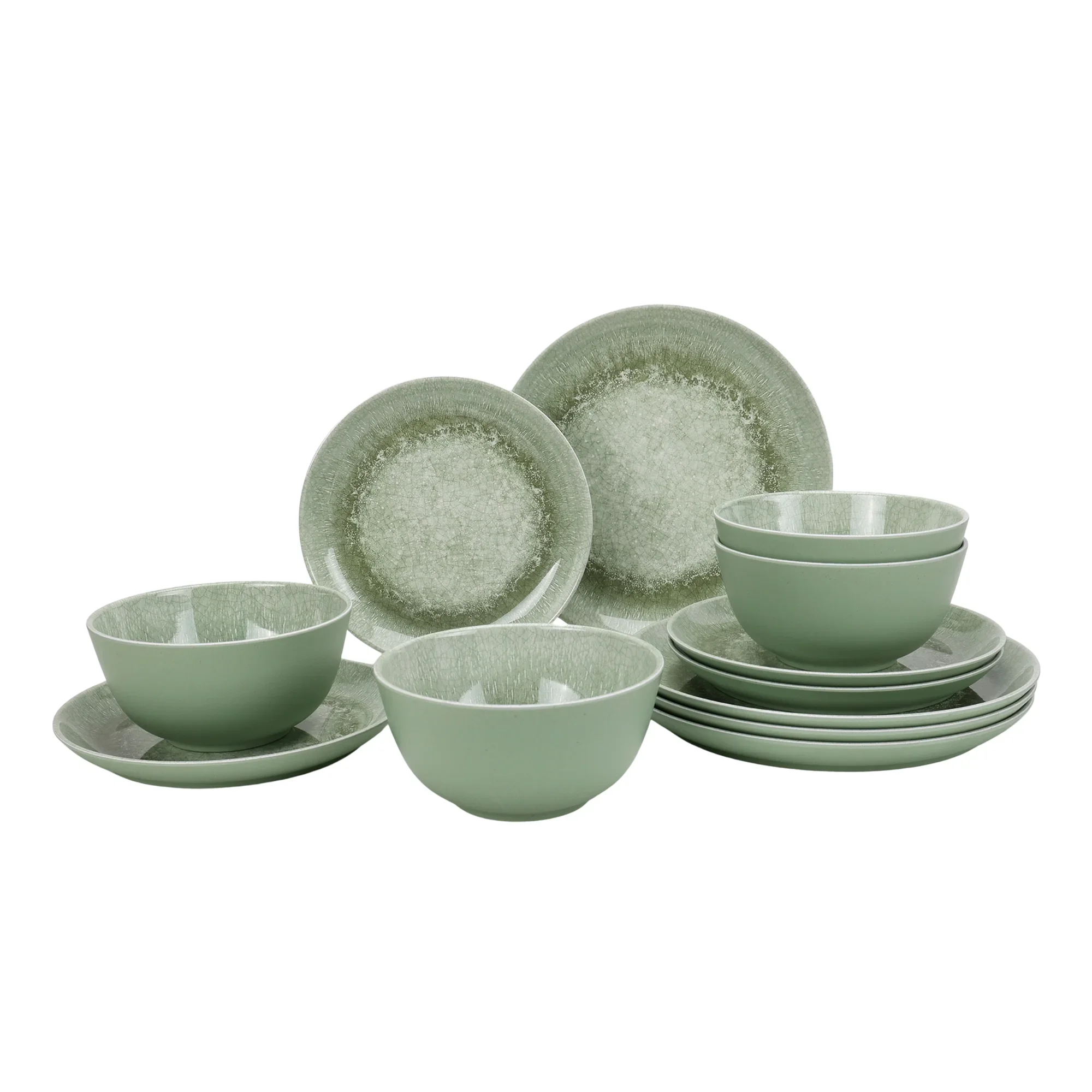 12-Piece Bamboo Melamine Dinnerware Set, Green Reactive Glaze, Eco-Friendly Tableware for Home, Kitchen, Outdoor, Parties