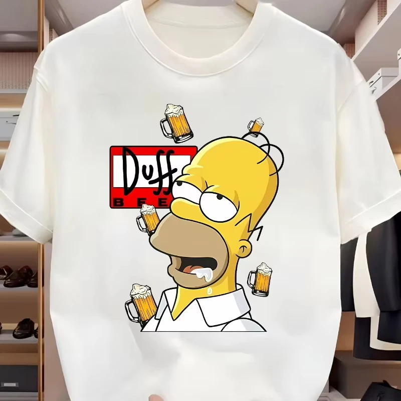Camiseta Casual de Manga Corta para Hombre, Verano 2026, Diseño Simpson con Estampado y Texto "Duff Beer", Cuello Redondo