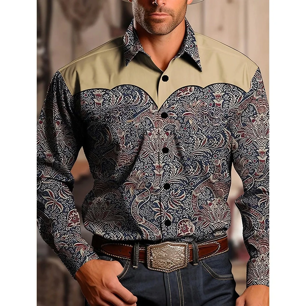 Camisa de vaquero occidental de piedra amarilla con patrón de dos colores patchwork para hombres con solapa botón top elegante camisa casual de