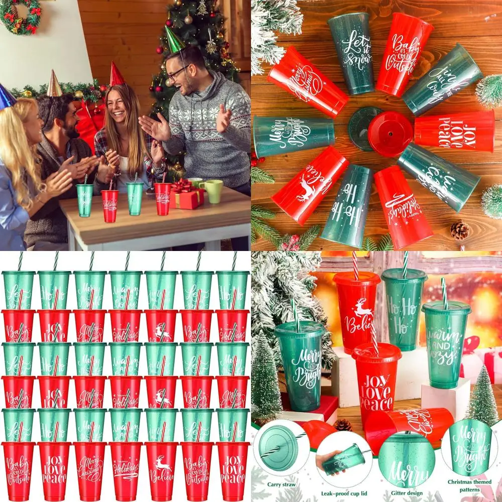 

Set of 50 Reusable Christmas Cups with Lids & Straws, 25 Oz, 10 Designs, Ideal for Festive Parties & Beverages