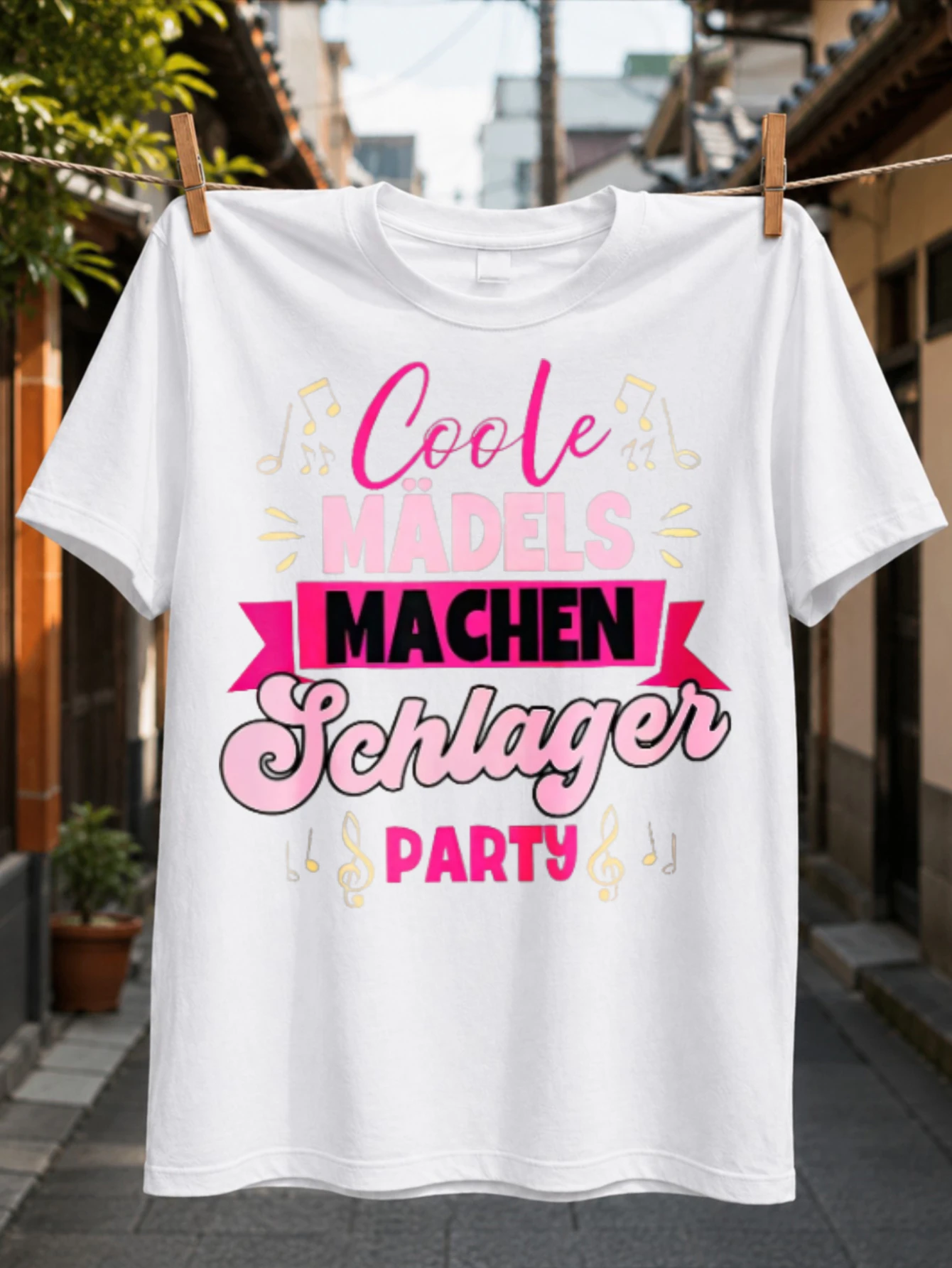 Cool Girls Throw a Schlager Party Pink Cream Typography with Banner Music Notes and Treble Clefs  Unisex All T-Shirt