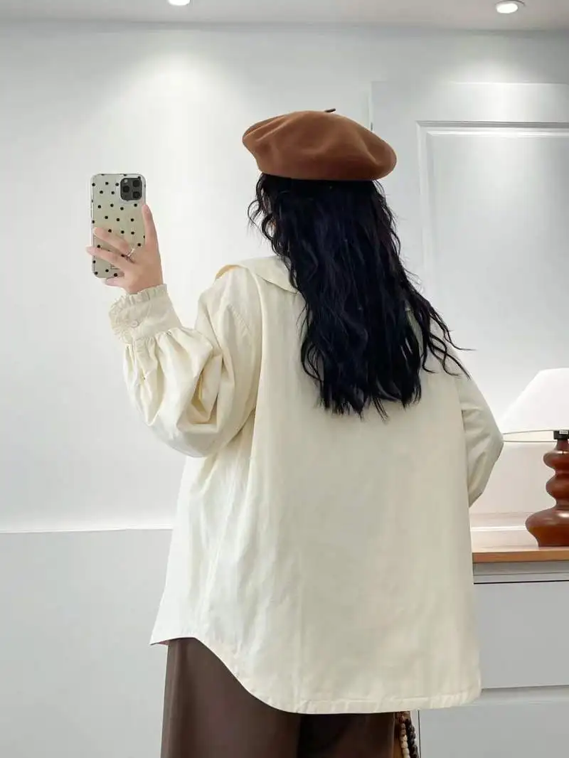 Nueva camisa de manga larga acolchada de algodón de otoño 2025, bordado de cuello Peter Pan para mujer, blusa holgada estilo Preppy Mori Girl T5N321CC