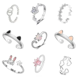 Cat Ear Finger Rings Open Cute Footprints Ring for Women Girl Pearl Hollow Geometric Gift Adjustable Fine Jewelry Accessories