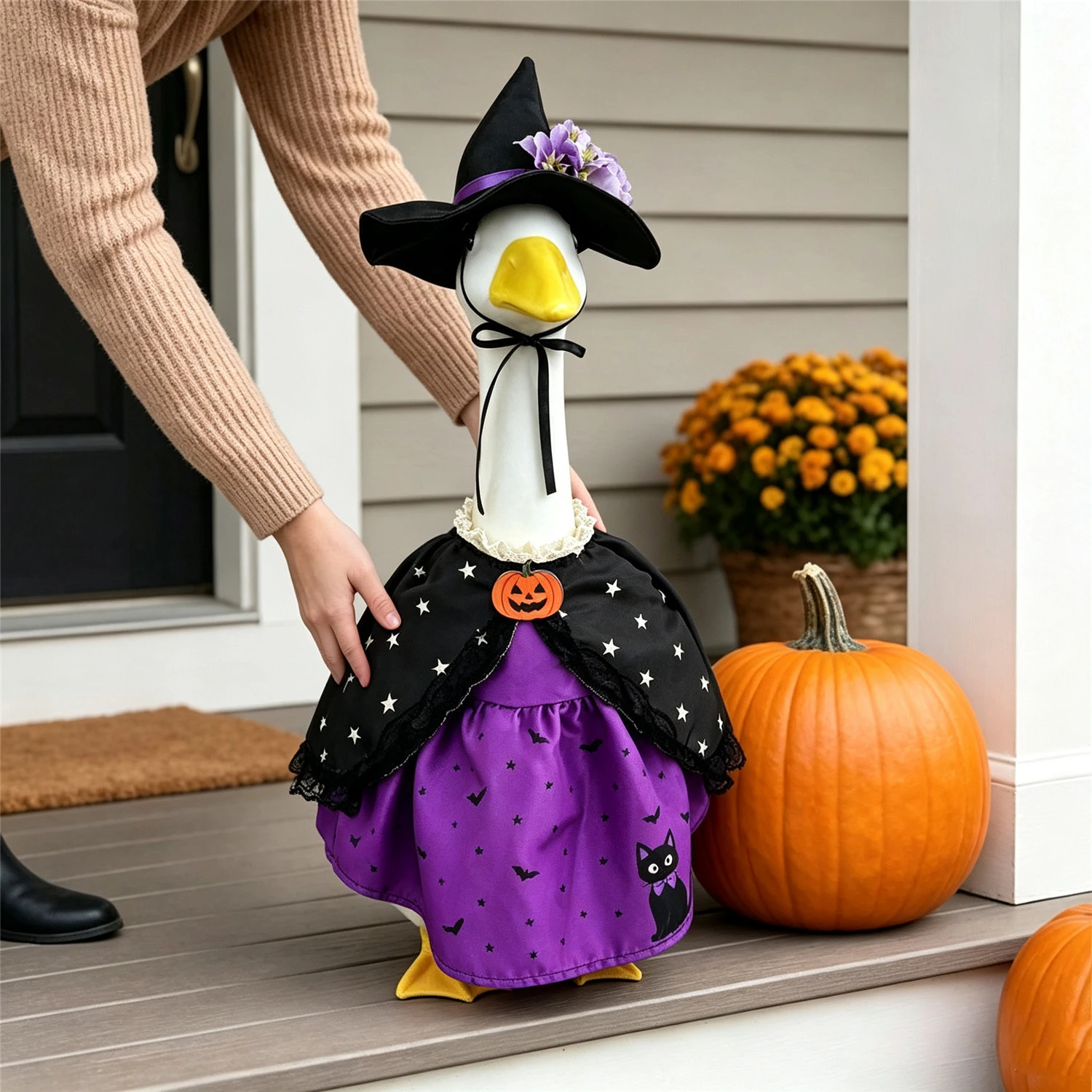23 Inch Halloween Porch Desk Goose Costume Set Gardener Pumpkin Witch Outfit with Hat Cape Garden Outdoor Statue Decor
