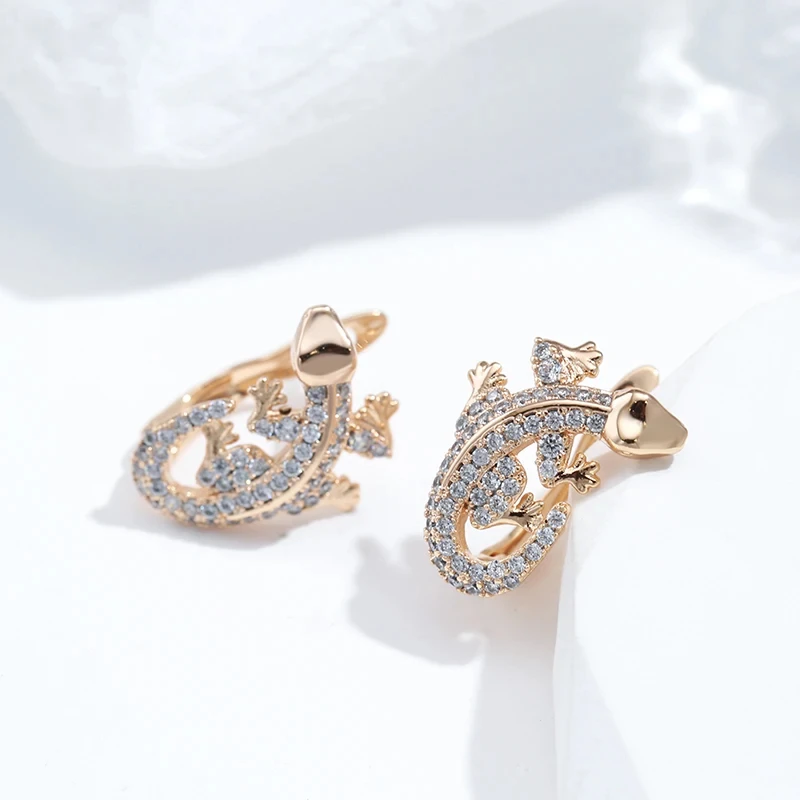 Wbmqda Personalized Lizard Shape Drop Earrings For Women 585 Rose Gold Color Full Zircon Setting Luxury Fashion Animal Jewelry