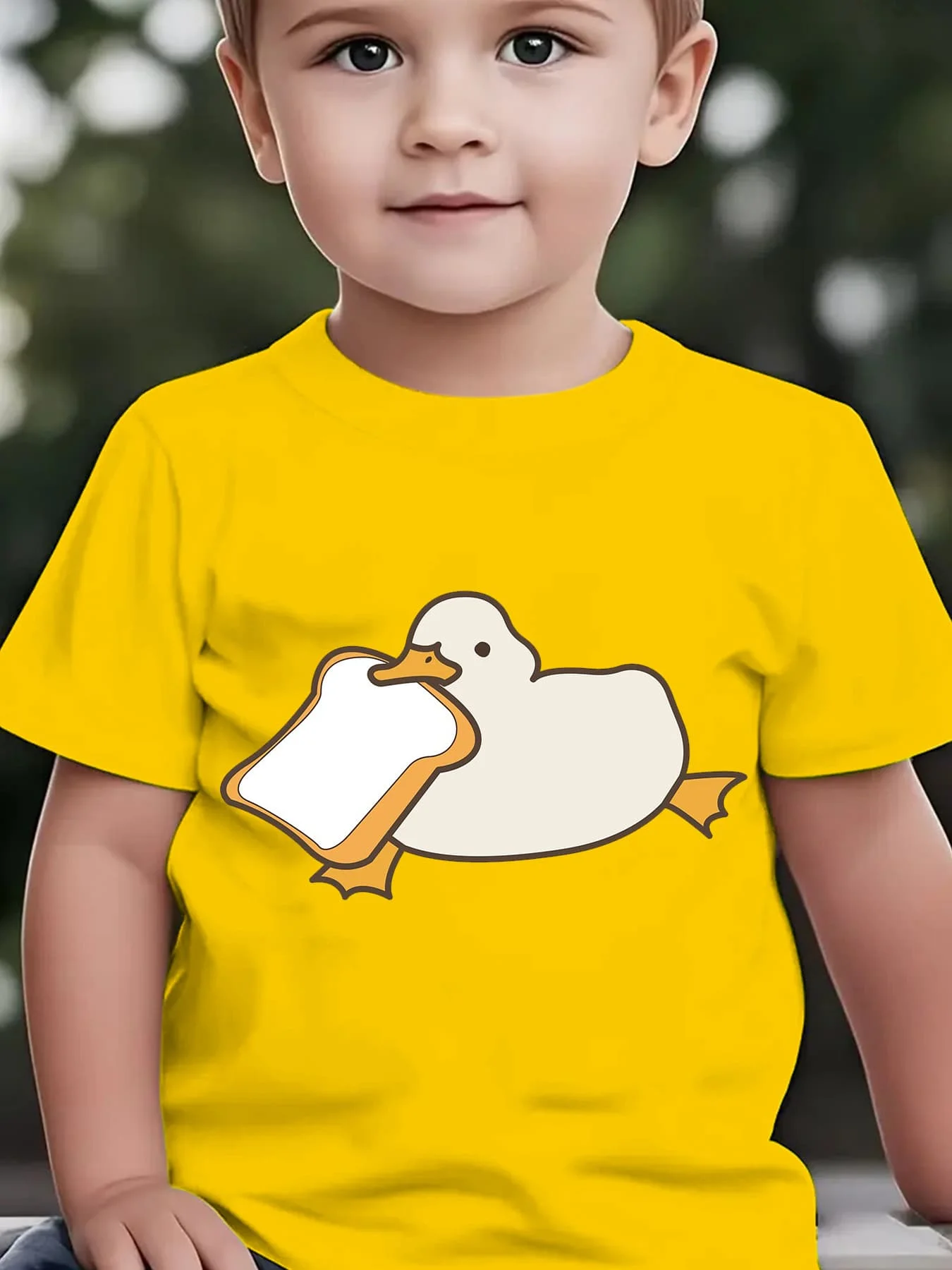 Cute Duck With Toast Bread Print Graphic Kids Tee Boys Girls Family Matching Cotton Crew Neck Short Sleeve Soft Summer Tee