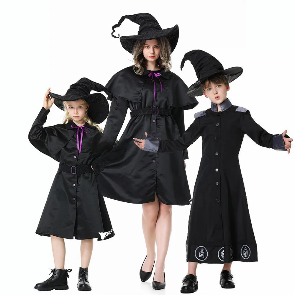 

Warlock Boys Girls Witch Costume Parent Boy Halloween Cosplay Black Wizard Dress Cosplay for Women