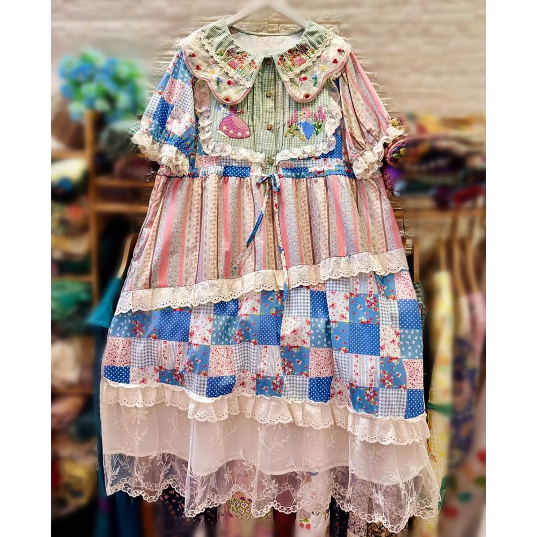 

Women Cotton Patchwork Mori Girl Ruffled Lace Sweet Lolita Long Dress 2024 Vintage Retro Shabby Chic Harajuku Evening Midi Dress