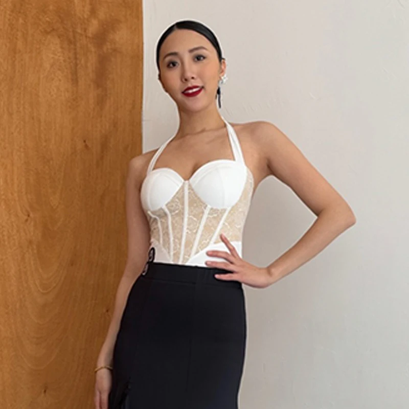 الرسن الرقبة اللاتينية قاعة الرقص القمم النساء رومبا السامبا الرقص ممارسة الملابس الكبار أبيض أسود شبكة الربط ارتداءها BL15236