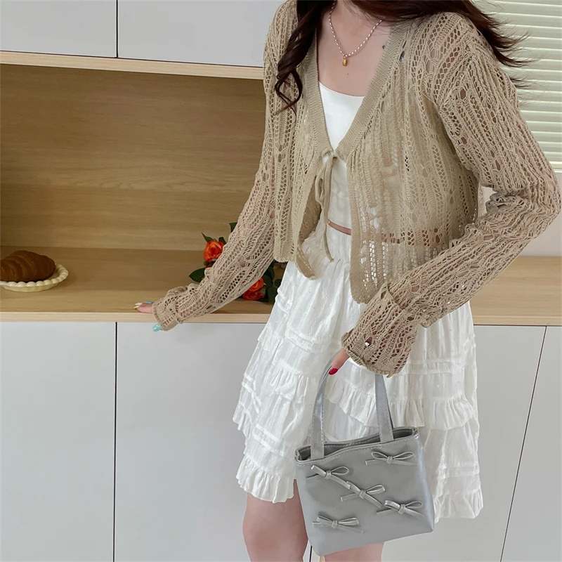 Pointelle Knit Long Sleeve Tie Front Cardigan Sweater for Women Cover-Up Spring Summer Teengirl Y2K Grunge Outfit