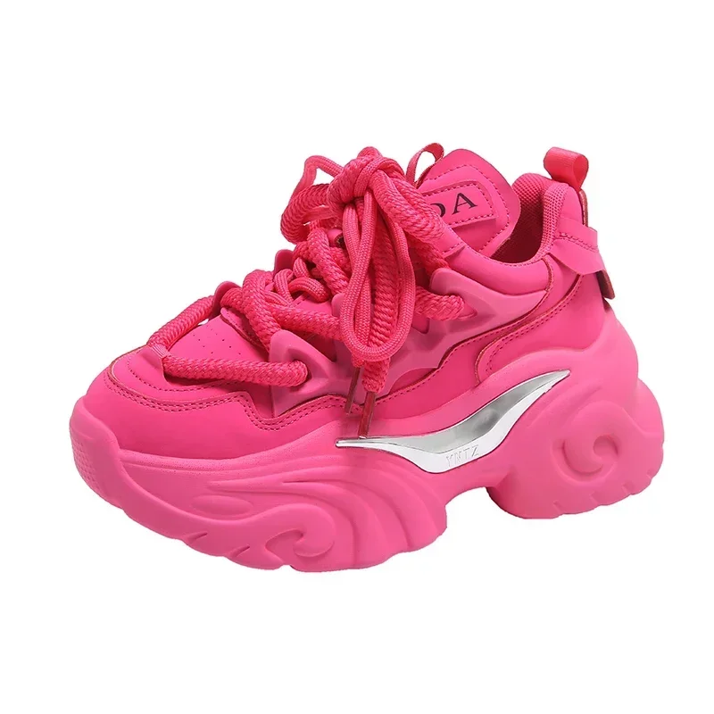Damen-Sneaker mit Dicker Sohle, Atmungsaktiv, aus Leder, Modische 8CM Absätze, Hohe Plattform, Outdoor-Sport, Dad Shoes, Weiße Chunky Sneaker