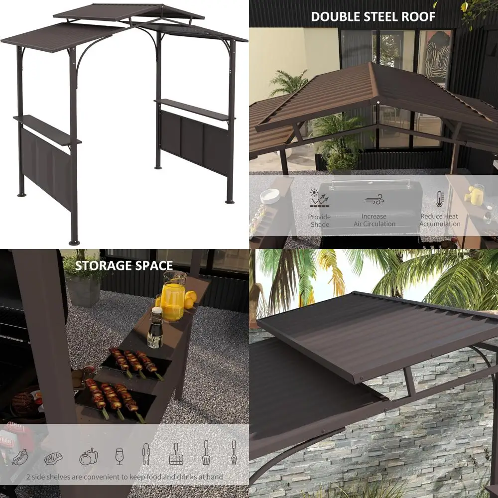 

8'x5' Outdoor BBQ Grill Gazebo with Double Tiered Polycarbonate Roof and Steel Frame, Brown