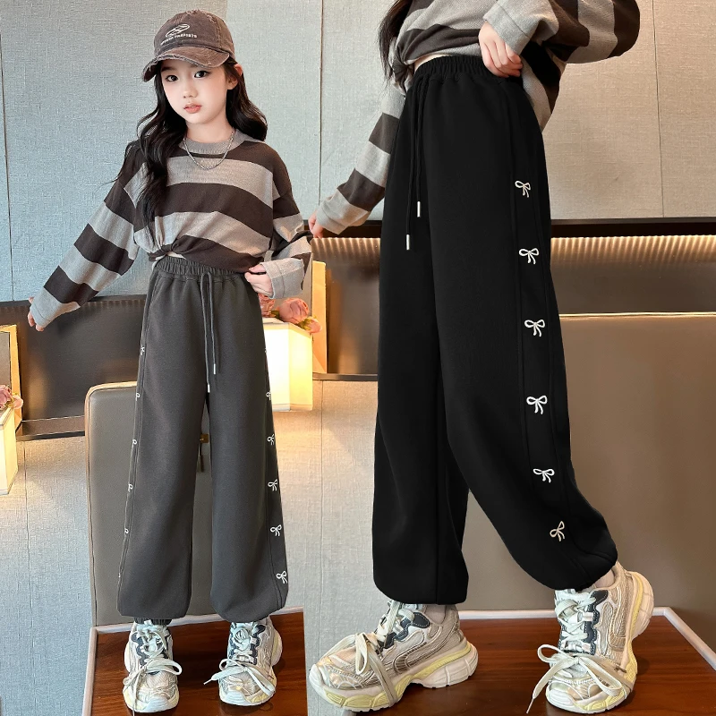 

New Autumn Kids Sports Drawstring Pants with Bows on the Sides for Tweens Girl Casual Trackpants Children Sporty Trousers 5-14 Y