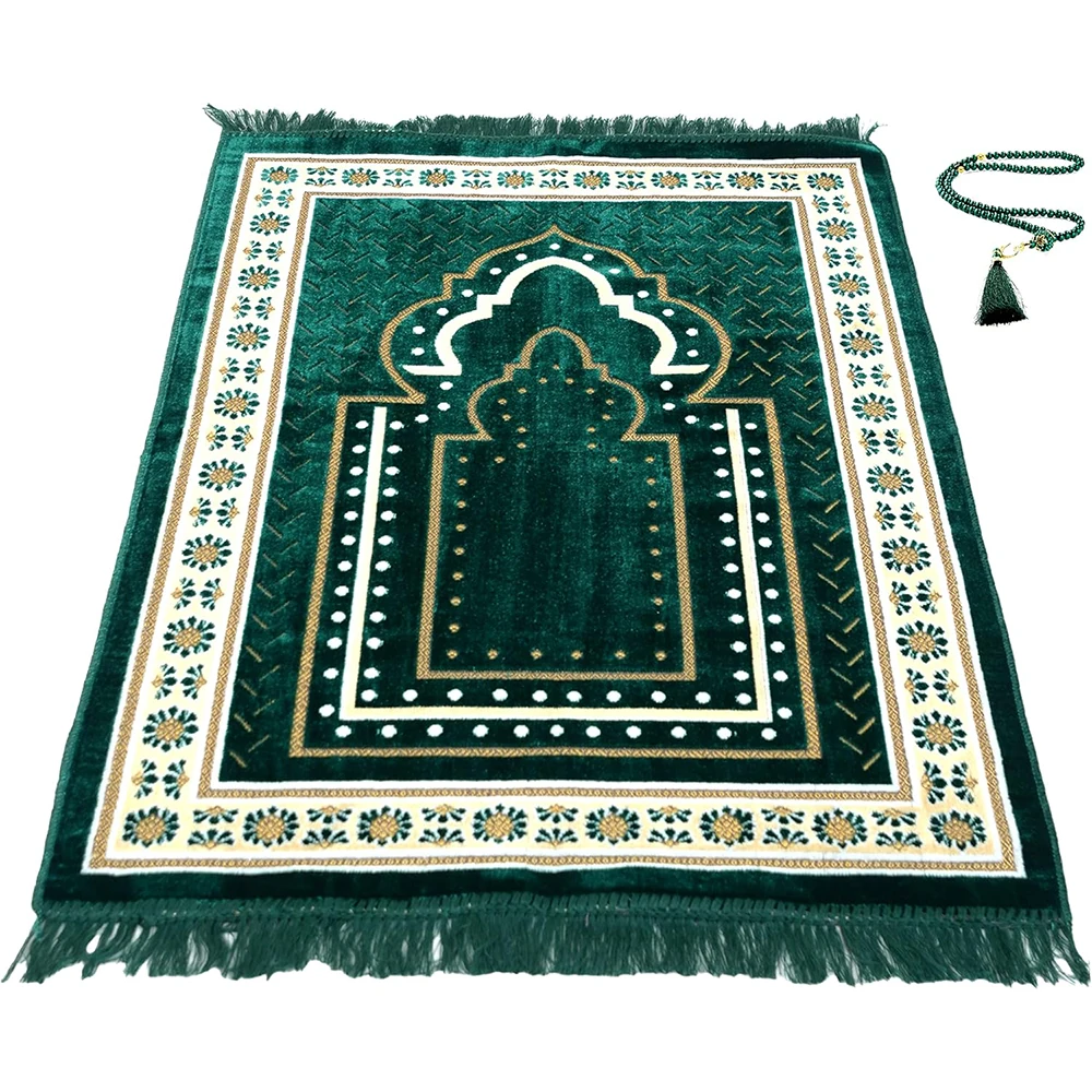 Factory Price Muslim Prays Rug Classical Anti-slip Islamic Prayer Mat Soft Velvet Chenille Tassel Green Prayer Mat Islamic