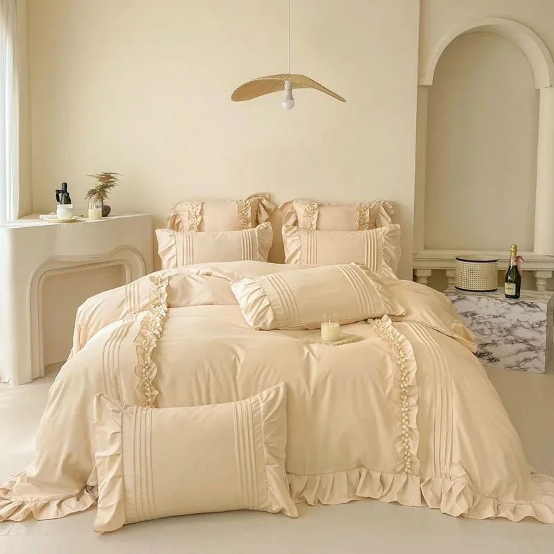 Princess Style Washed Cotton Bedding Set with Pillowcase Single Double Bed Linen Purple Duvet Cover Cream Style Four Piece Set