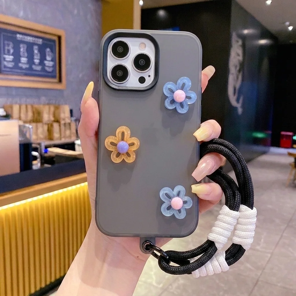 Black 2 In 1 With 3D Diy Colorful Flower Lanyard Case For iPhone 17 16 15 14 13 Pro Max 17 16 Pro 16 15 14 Plus SIlicone Cover
