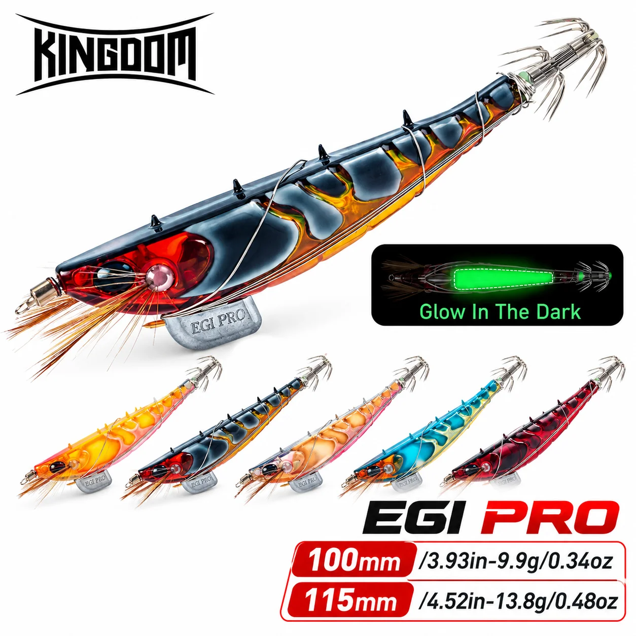 Appât artificiel KINGDOM EGI PRO pour crevettes 100mm/115mm, jig calmar coulant lumineux, matériel Egi dur pour poulpe et seiche en eau salée