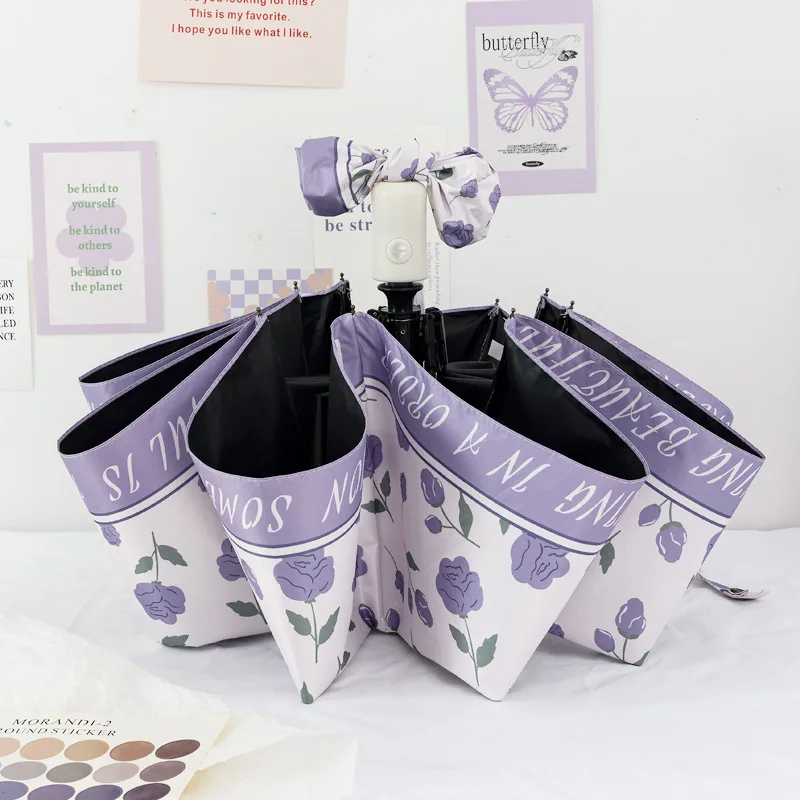 Womens Fresh Floral Automatic Folding Umbrella Rain Sun Dual Use Premium UV Protection Sunshade