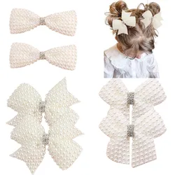 New White Pearl Hair Bow With Hair Clips For Girls Glitter Rhinestone Center Bows Hairpins Children Boutique Hair Accessories