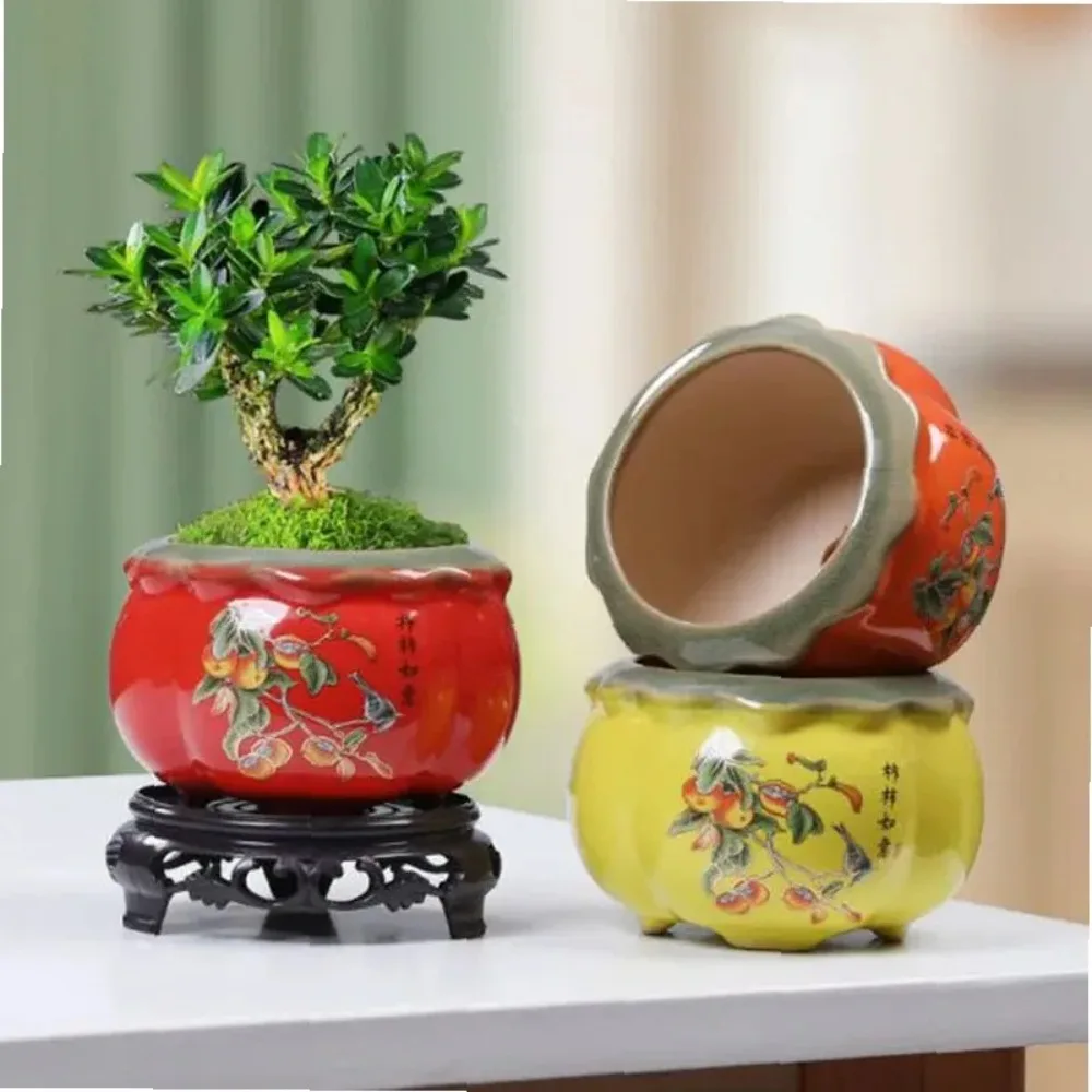 Chinese Style Ceramic Persimmon Flowerpot Green Radish Plant Pot Office Bonsai Vase Desktop Ornaments