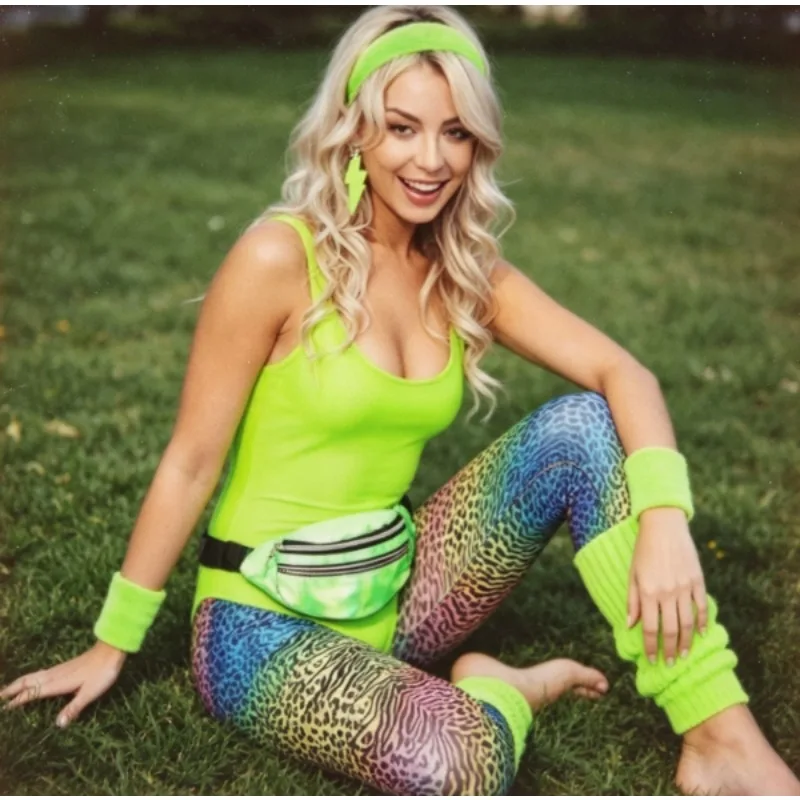 

7 Piece 1980s Style Jumpsuit Costume Set Retro Adult Outfit for Halloween Party and Themed Events