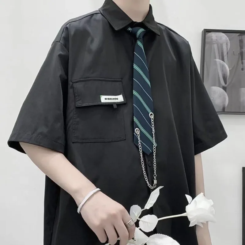 

Unisex Preppy Style Short Sleeve Shirt With Tie Chain Japanese Campus Casual Blouse