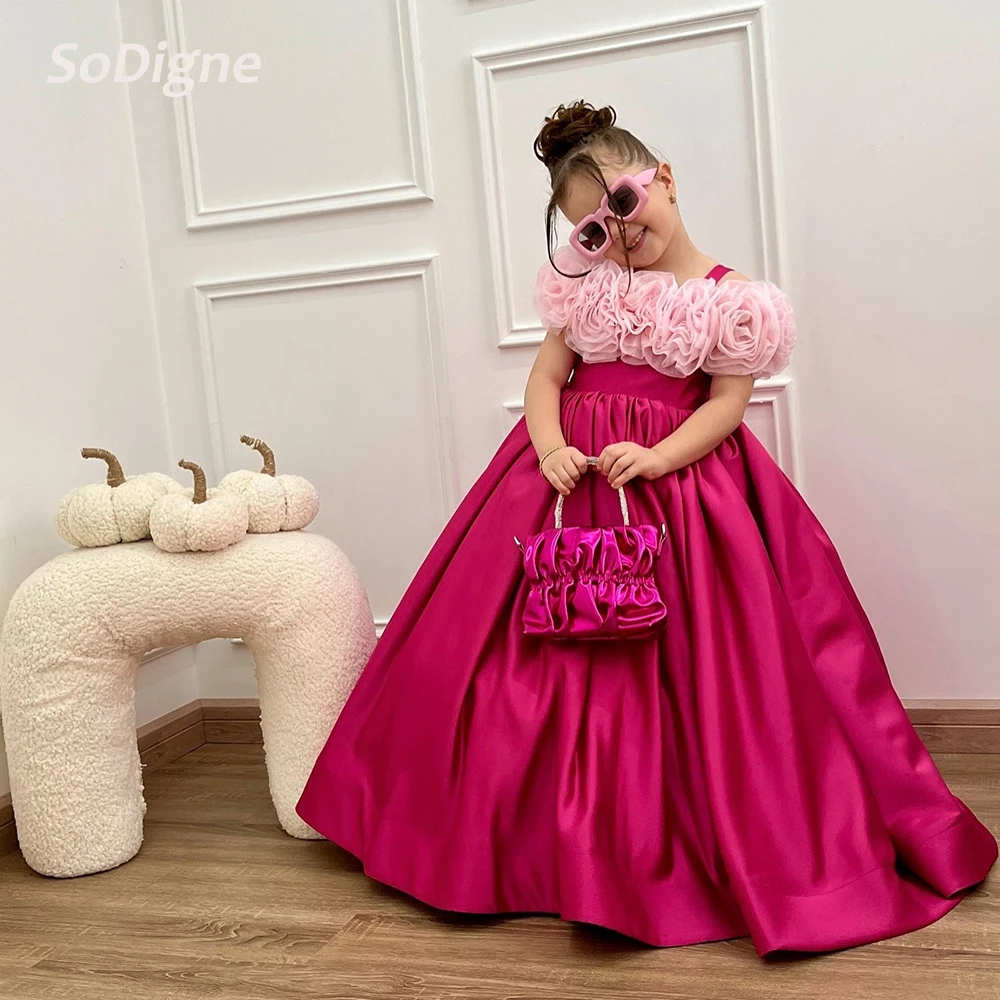 

SoDigne A-line Satin/Tulle Flower Girl Dress Off Shoulder Sleeveless 2026 Girls Princess Skirt Party Dresses Kid Gown Customized