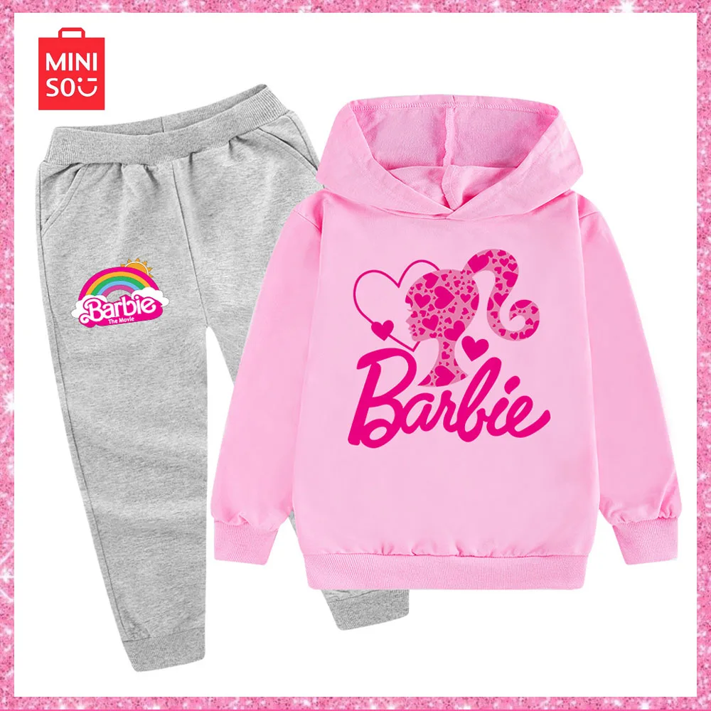 Miniso Barbie Fashion Cartoon Print Kid Hooded Sweatshirt Sweatpant 2-Pcs Set Outdoor Casual Soft Sport Suit Gift