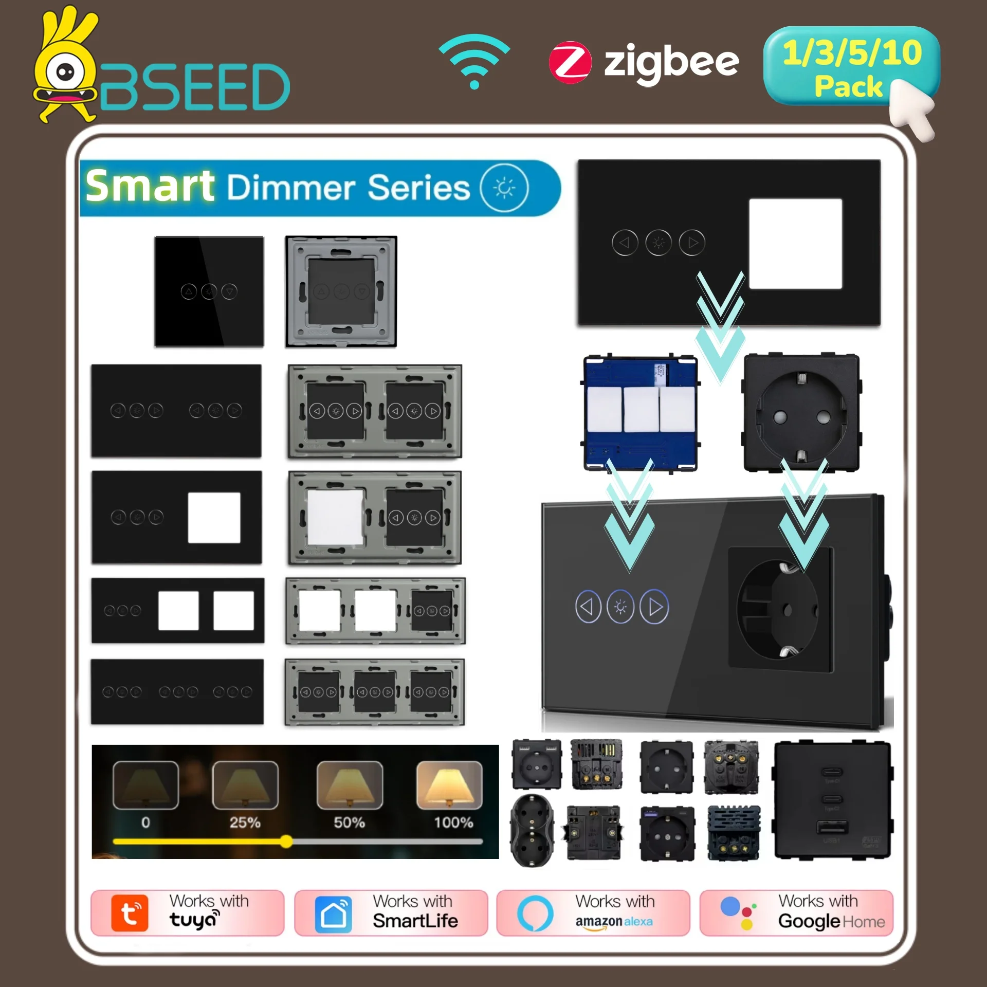BSEED Smart Dimmer Light Switch Module Part EU Dimmable LED Switch Insert Blue Backlight Free Combination Wall Socket Key Glass