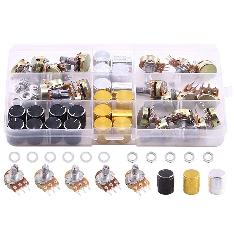 60PCS B5K 10K 20K 50K 100K Ohm Knurled Shaft Linear Rotary Taper Potentiometer With Knob(WH148) And Washers And Nuts Kit