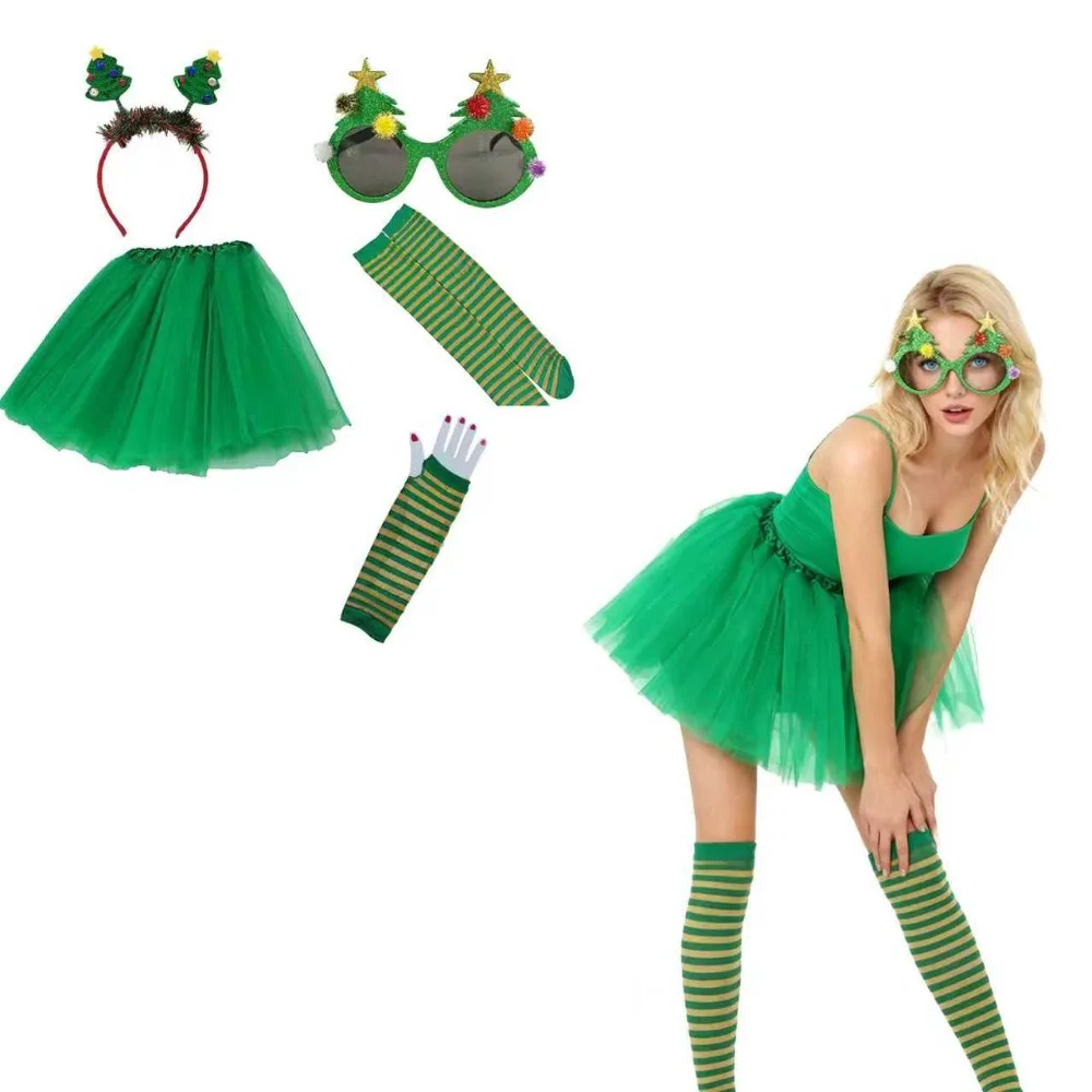 

PESENAR Christmas Tree Costume Set for Women Festive Party Dress Christmas Tree Adult Outfit for Xmas Party Costumes