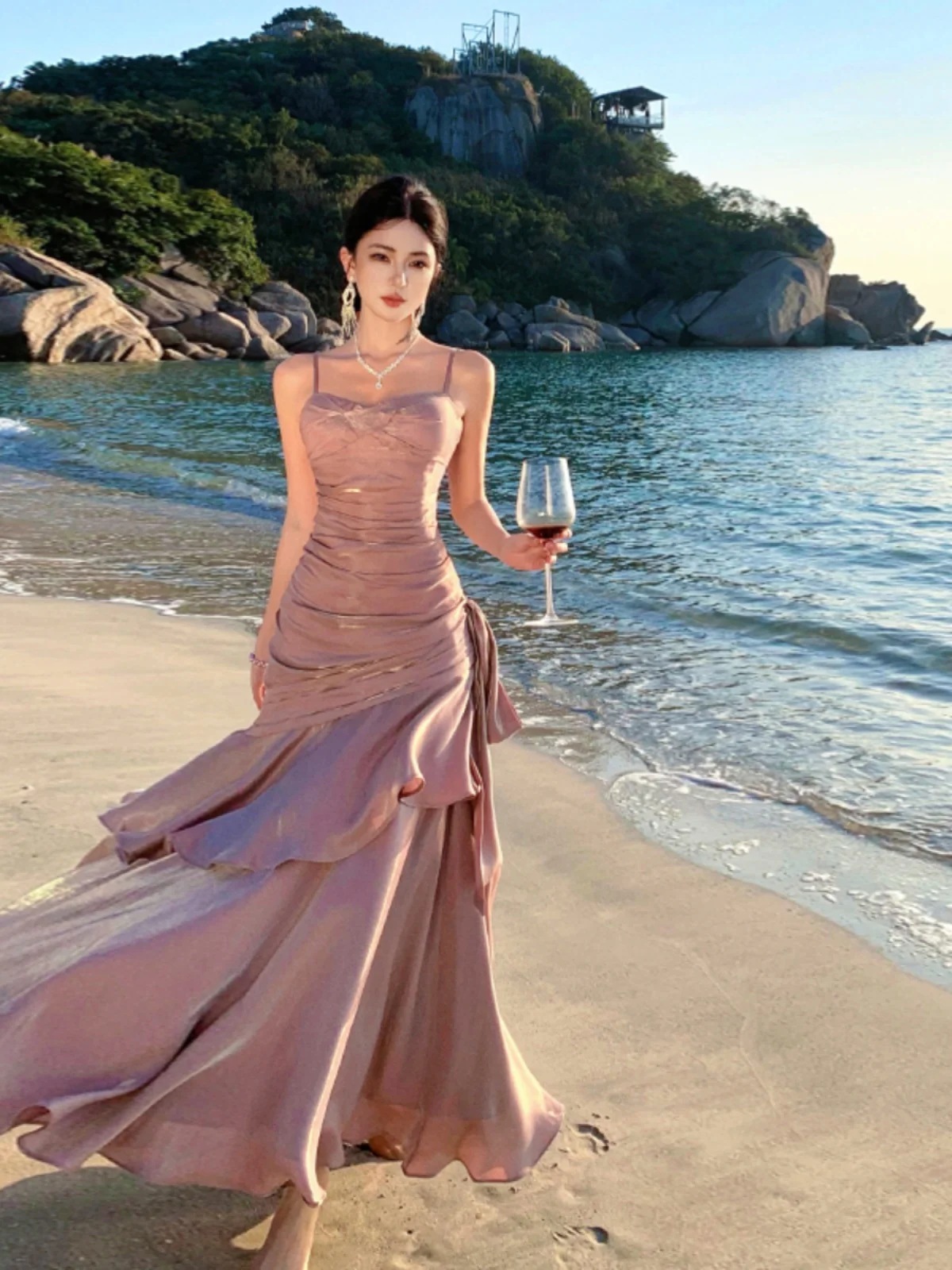 Ele Mermaid Sle Long Svel Dr مع يجمع الخصر و ter Ne من الساتان الناعم لحفل الكبار Dr Purple Summer