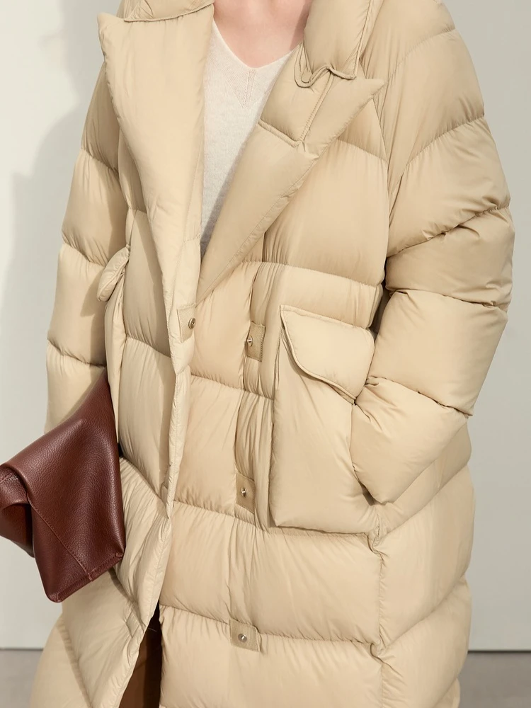 AMII المرأة الأبيض بطة أسفل معطف 2025 الشتاء طويل أسفل سترة الإناث واحدة الصدر السترة طوق جيب كبير أبلى 12344188