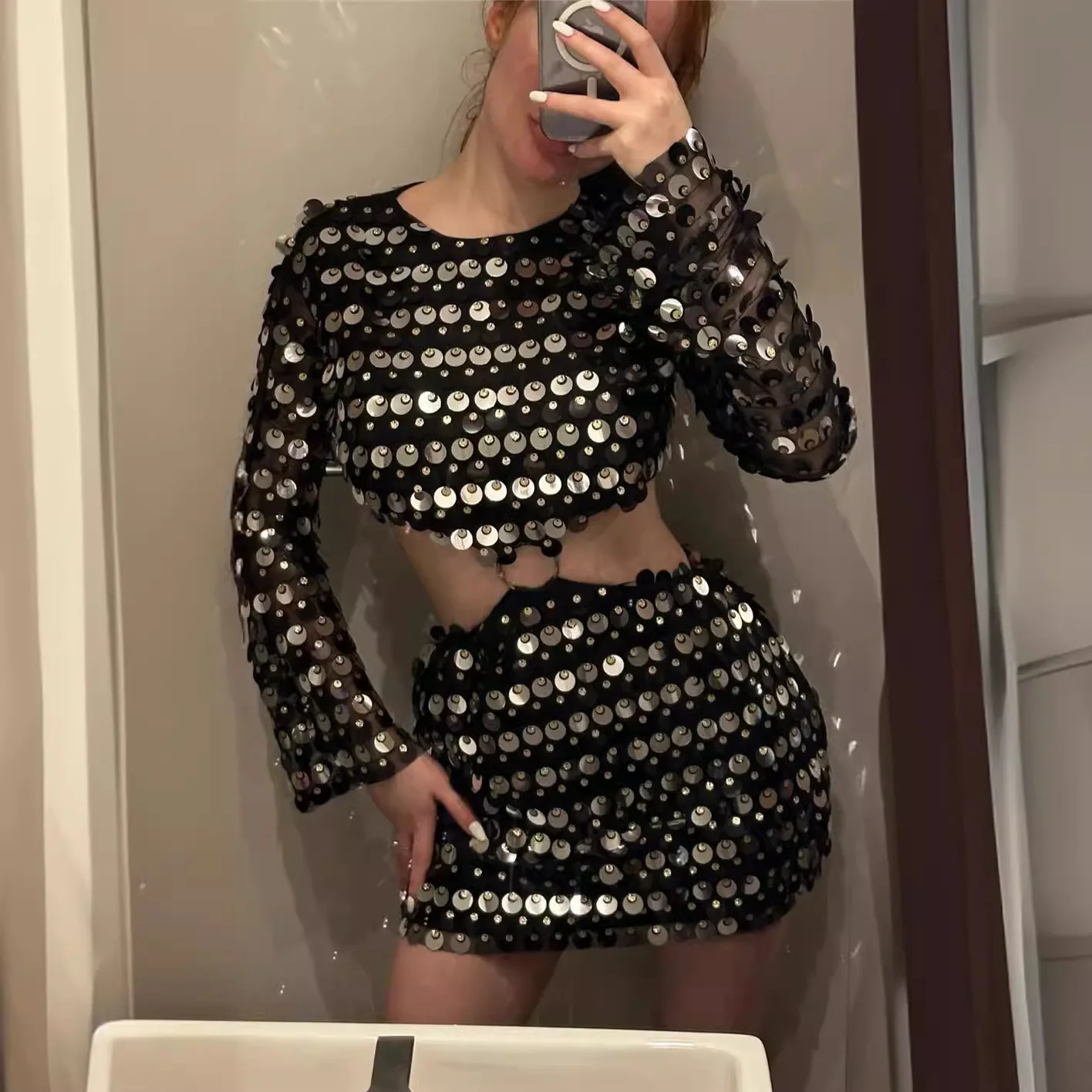 

women's sexy sequins round collar long sleeve dress fashion waist-baring package hip mini dress for party women's clothing