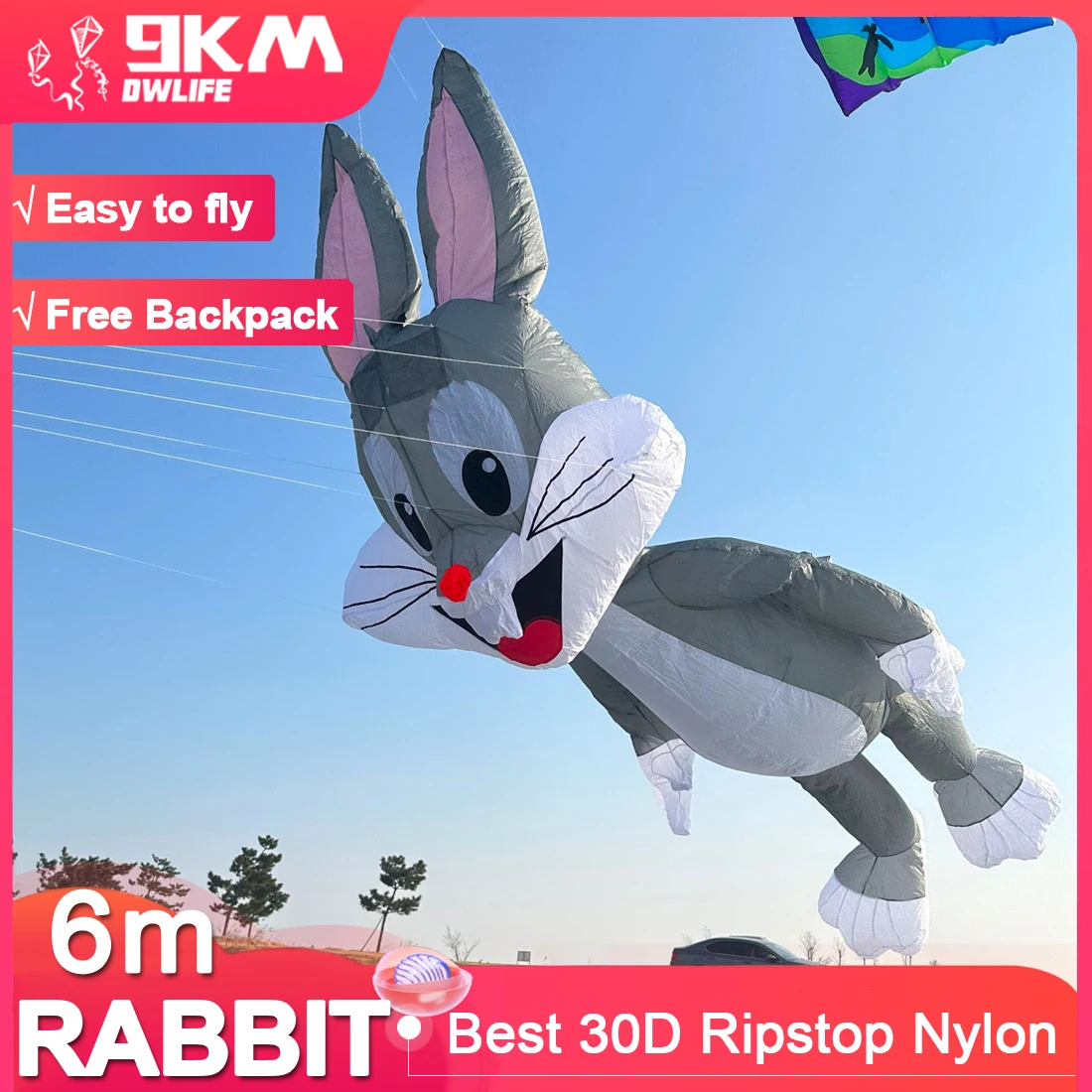 

9KM 6m Rabbit Kite Line Laundry Kite Pendant Soft Inflatable Show Kite for Kite Festival 30D Ripstop Nylon with Bag