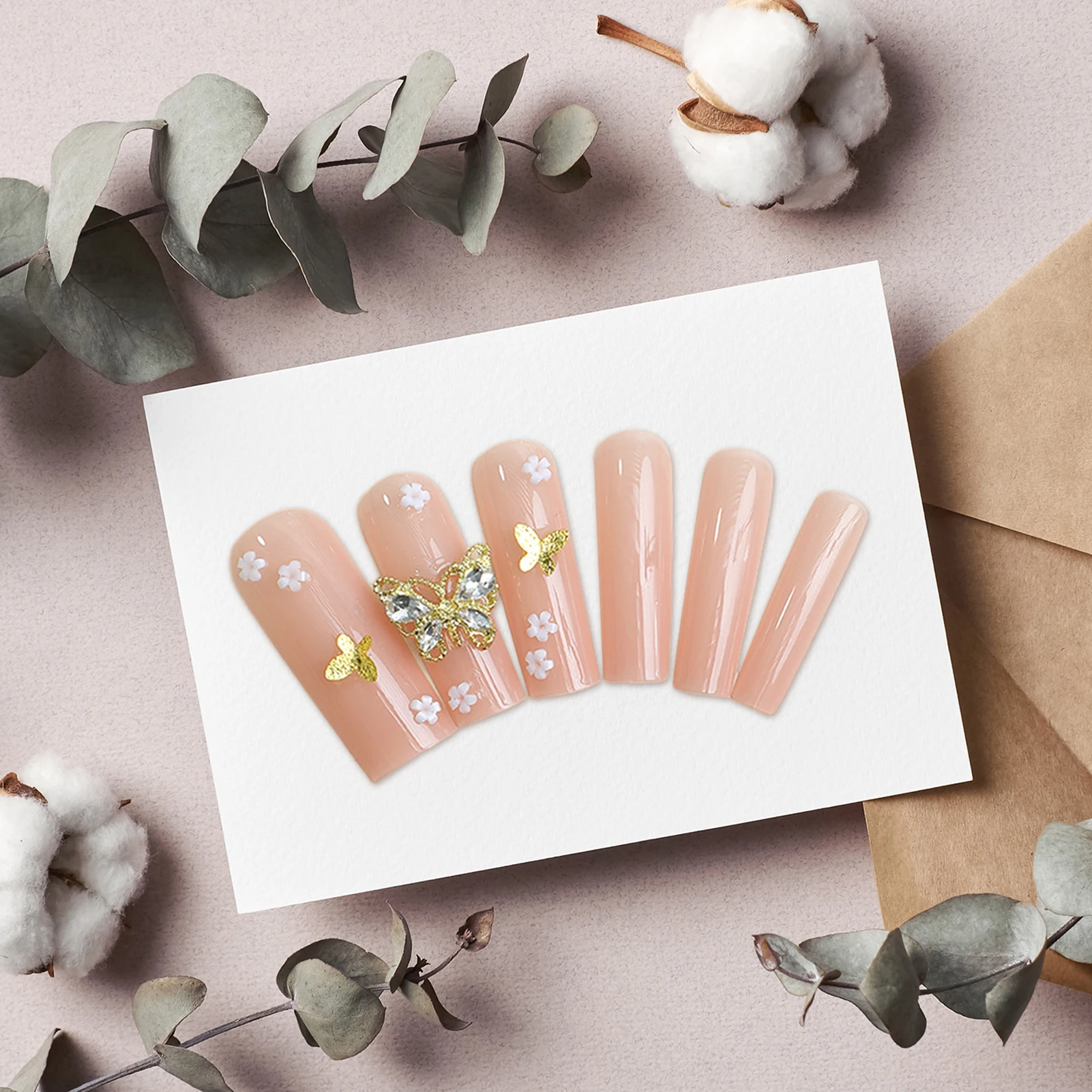 Nude Long Tube Fake Nails with Butterfly Decor Natural Unbreakable Nail Simple Wear for Hot Girl Dress Matching