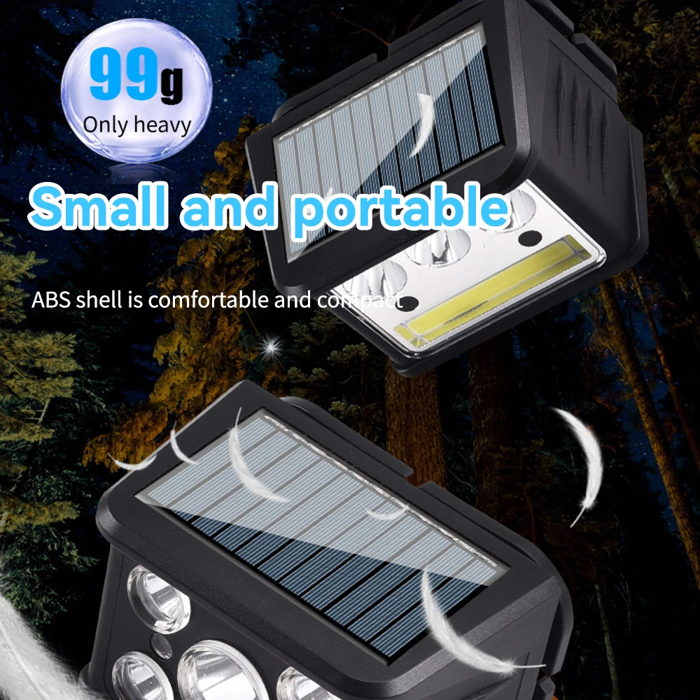 New Portable Solar LED COB Headlamp Five Mode Lighting USB Rechargeable Head Lantern Outdoor Waterproof Camping Headlight