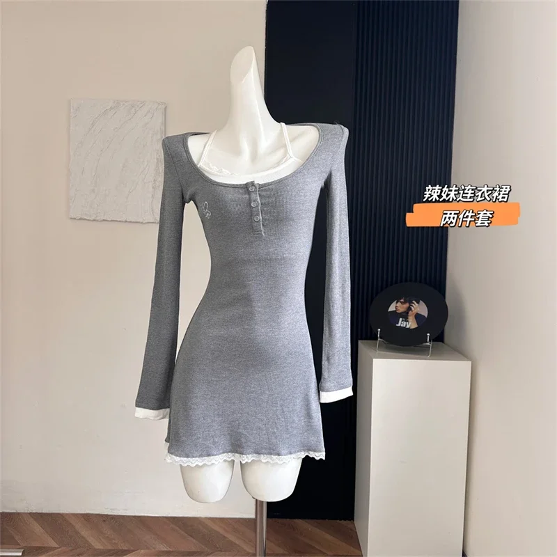 Women's Grey A-line Bodycon Lace Dress Vintage Long Sleeve Mini Dresses Y2k Elegant One Piece Frocks 2000s Clothes Summer 2024