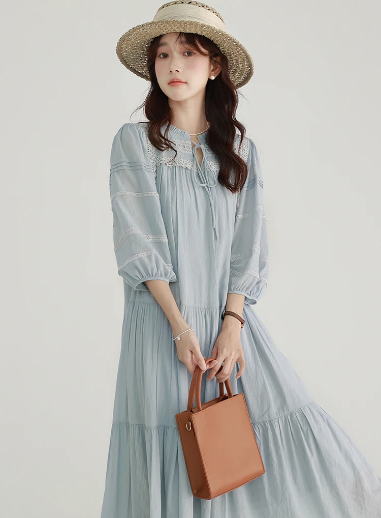 เดรสยาวลูกไม้สไตล์วินเทจพลิ้วไหว ดีไซน์หรูหราสำหรับผู้หญิง เอวสูง แขน 3/4 สไตล์ค็อทเทจคอร์ โบโฮ ชุดลำลองสำหรับฤดูร้อน