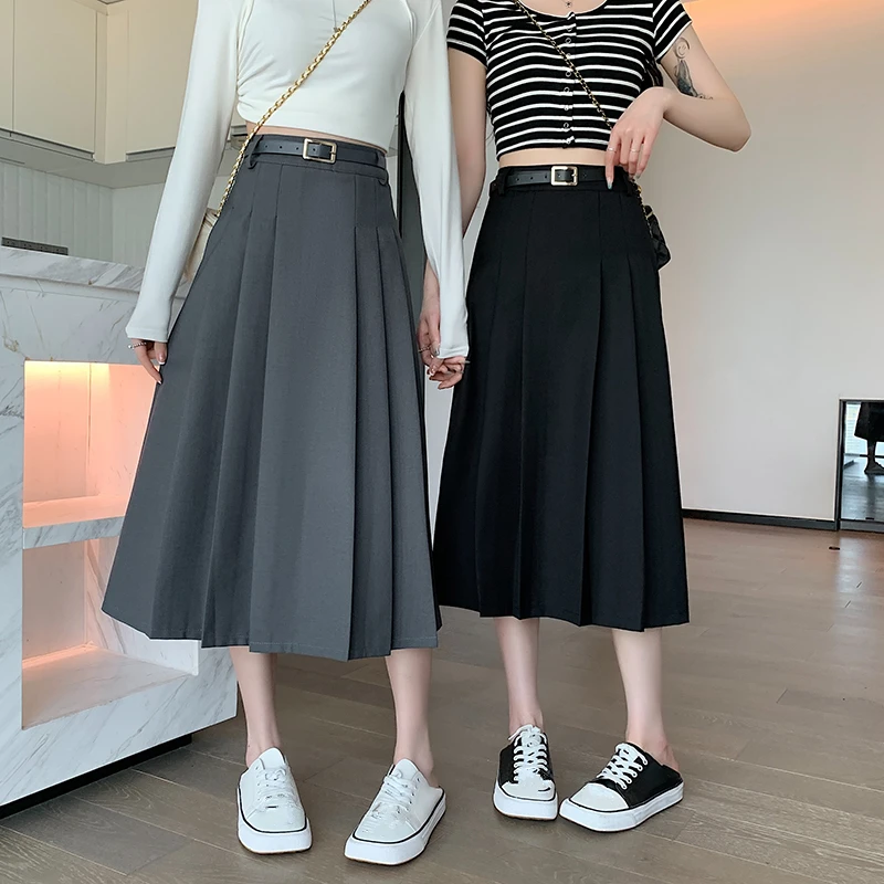 Seoulish Vintage Pleated Women's Suit Skirts with Belt Elegant Spring Summer Solid Color Office Lady Casual A-line Skirts Female